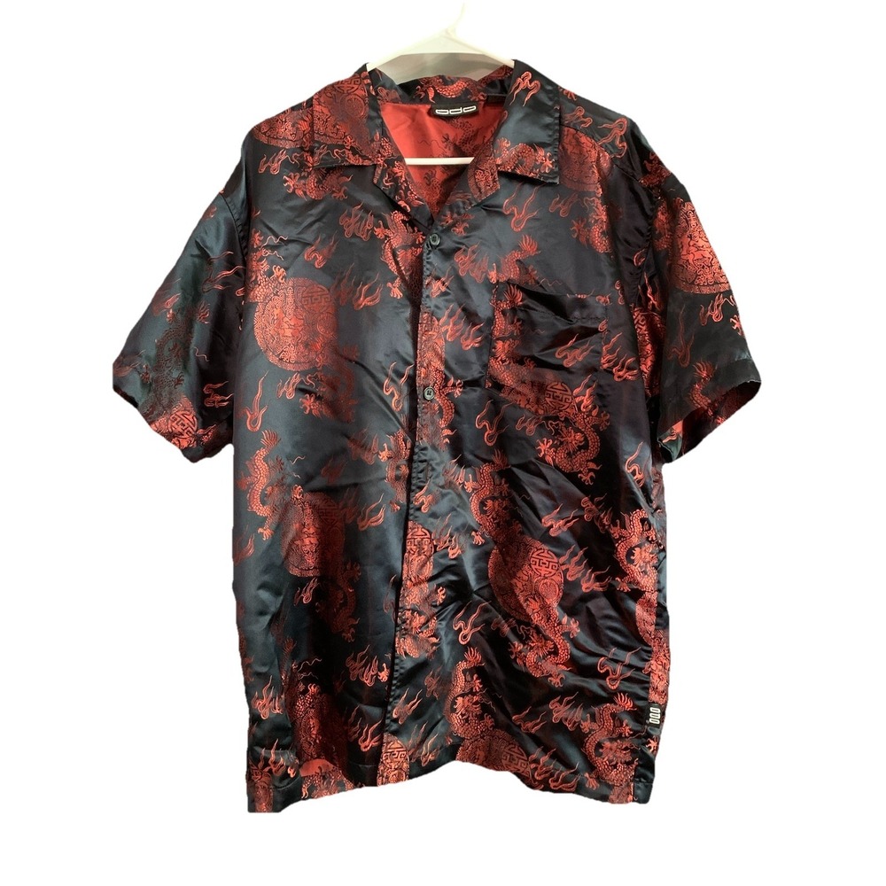 ODO Vtg Y2K Men's Black Large Red Dragon Print Short Sleeve Button Up Large L